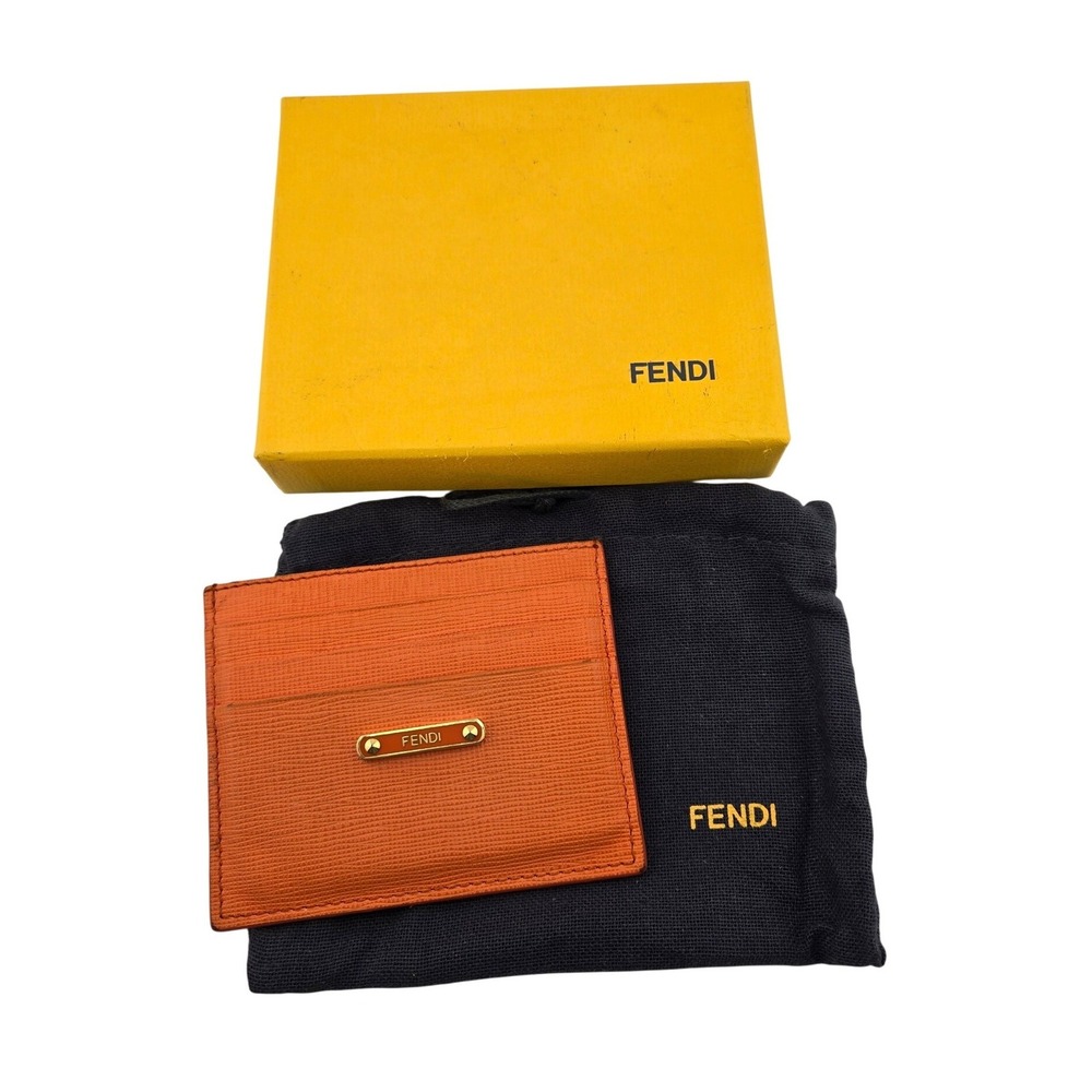 Fendi Orange Textured Leather Card Holder Wallet Gold Logo Plaque With Box